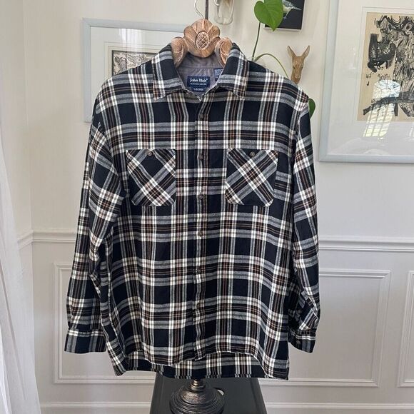John Blair Black Tan Plaid Button Shirt L - Picture 1 of 6